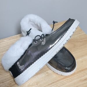 Hey Dude Metallic Black Slippers with White Lining